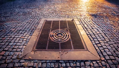 Rectangular Metal Storm Drain Grate On Cobblestone Street