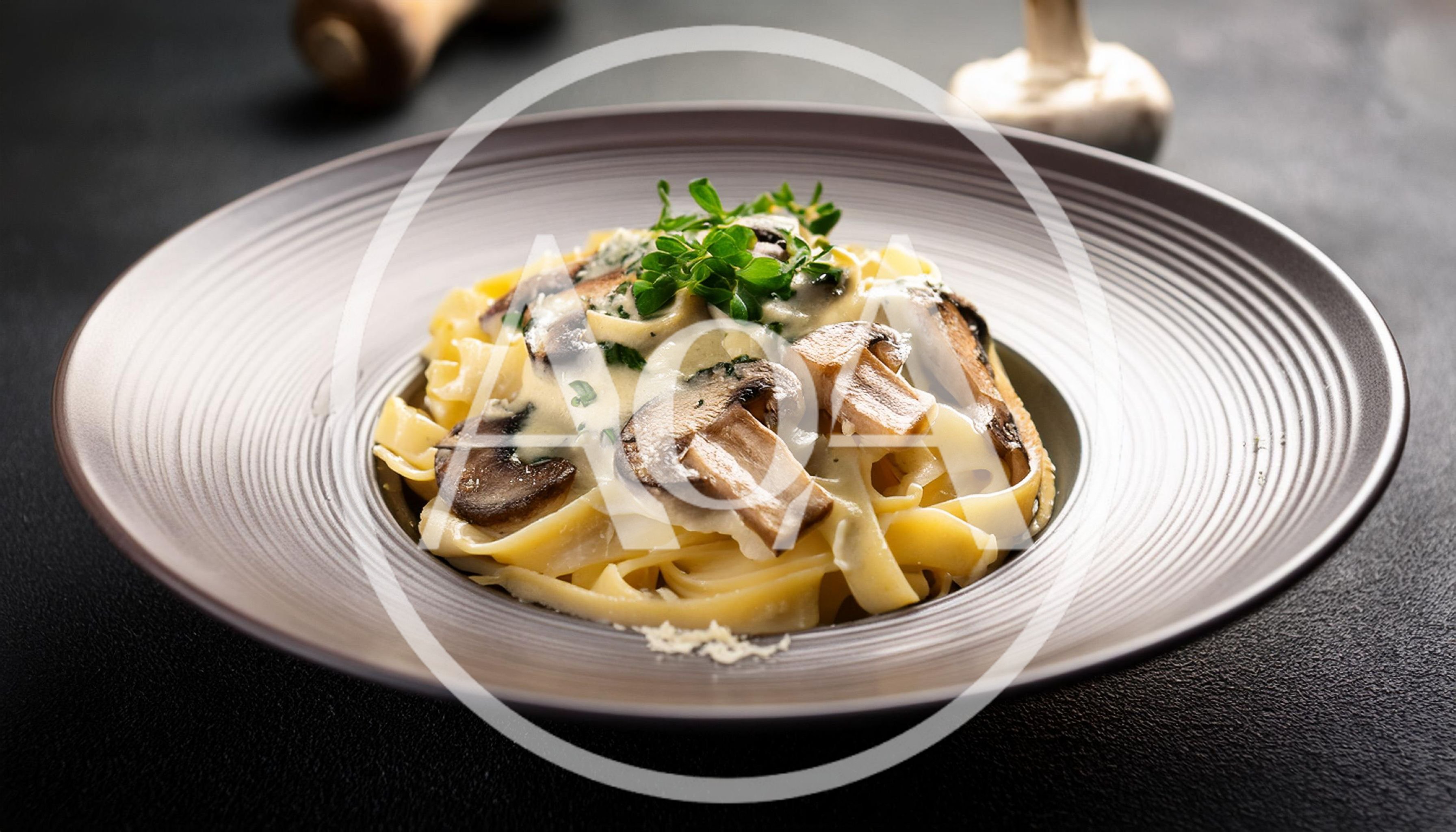 Creamy Mushroom Fettuccine Pasta In A Ceramic Bowl