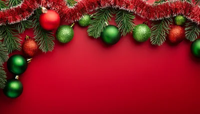 Christmas Ornaments and Pine Branches on Red Background