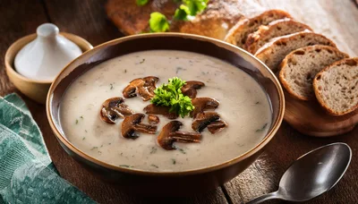 Creamy Mushroom Soup Served In A Bowl