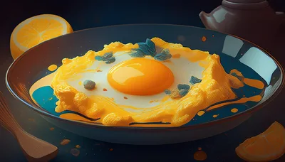 Fried Egg With Lemon Slices In A Dark Bowl