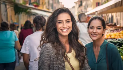 Two Young Women Smiling At A Busy Outdoor Market