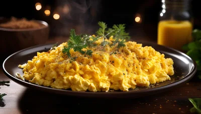 Steaming Plate Of Freshly Cooked Scrambled Eggs