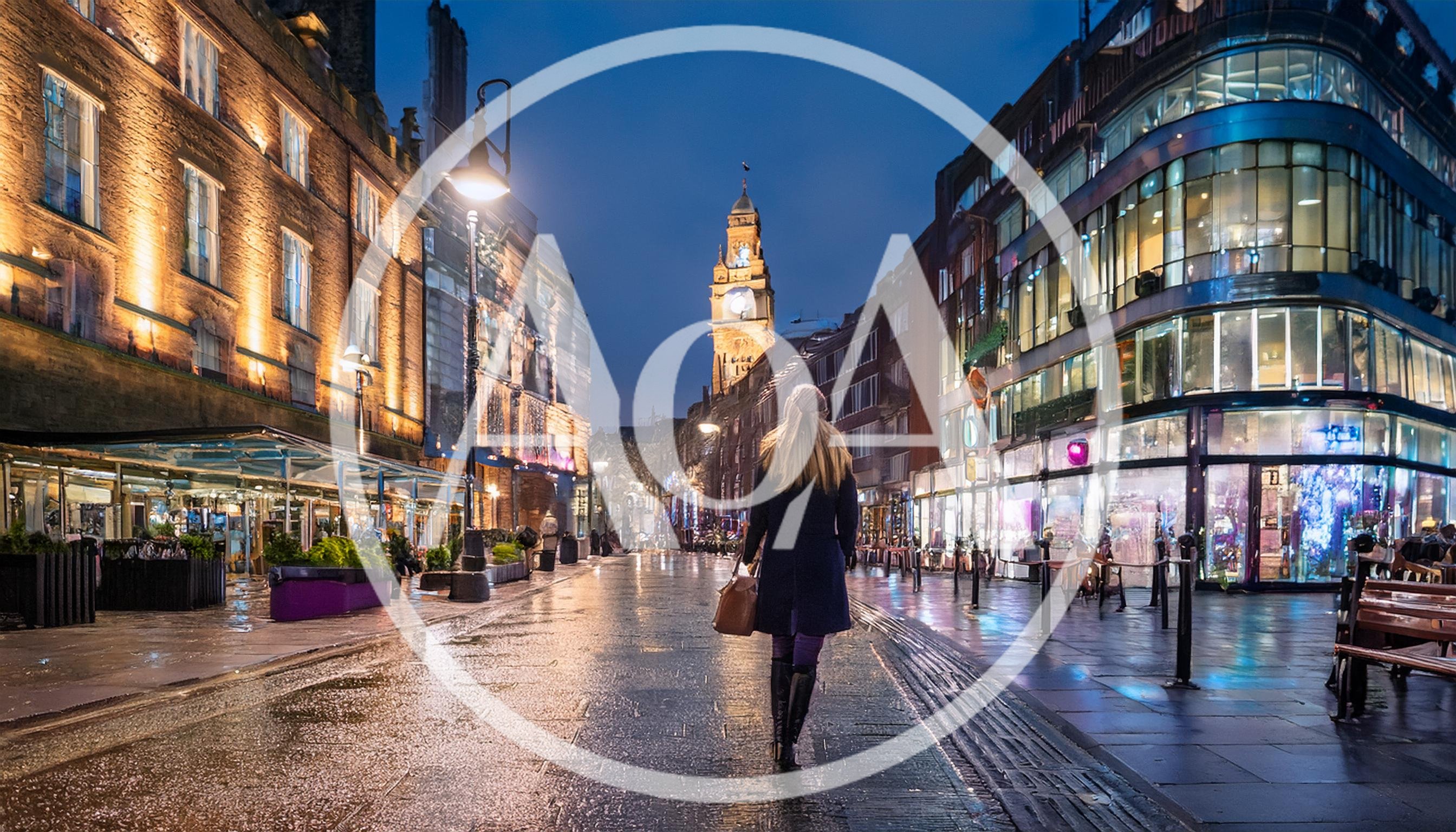 Woman Walking Down A Wet City Street At Twilight