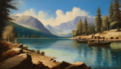 Scenic Mountain Lake Landscape With Wooden Boats