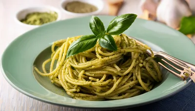 Spaghetti With Pesto Sauce On A Green Plate