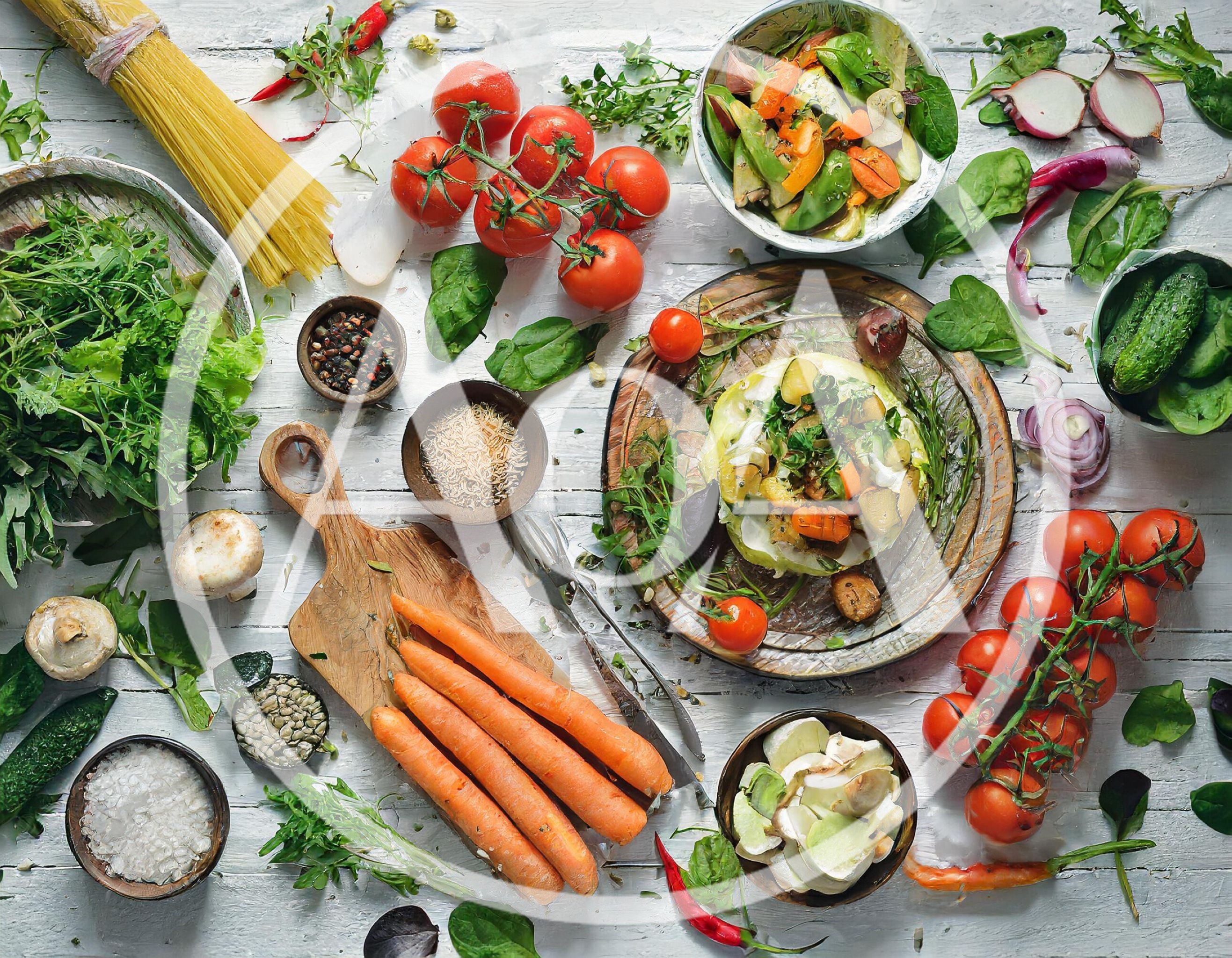 Fresh Vegetables And Pasta Ingredients On White Wooden Table