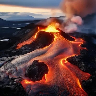 Aerial View Of Active Volcanic Eruption With Flowing Lava