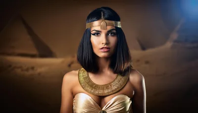 Egyptian Queen Portrait With Gold Jewelry And Pyramids
