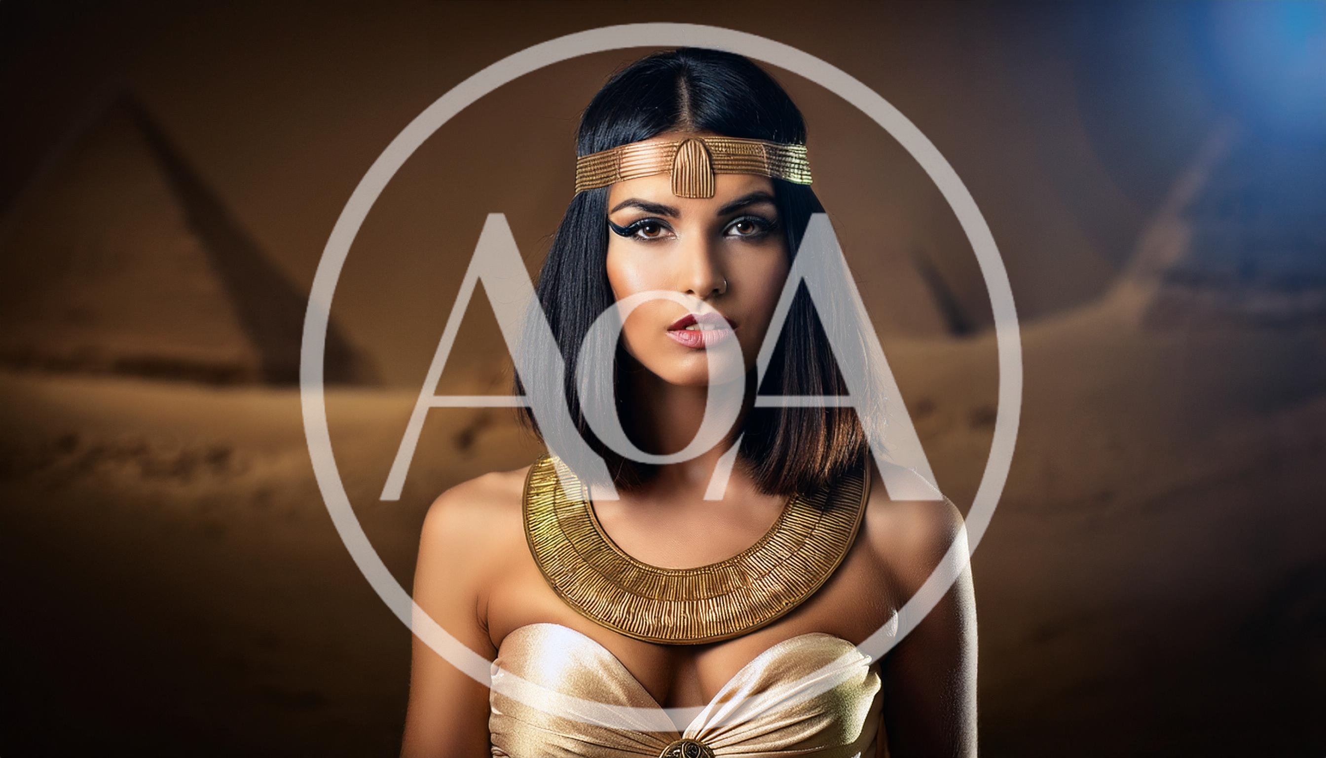 Egyptian Queen Portrait With Gold Jewelry And Pyramids
