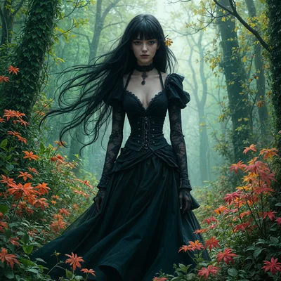 Gothic Woman Standing In A Misty Autumn Forest