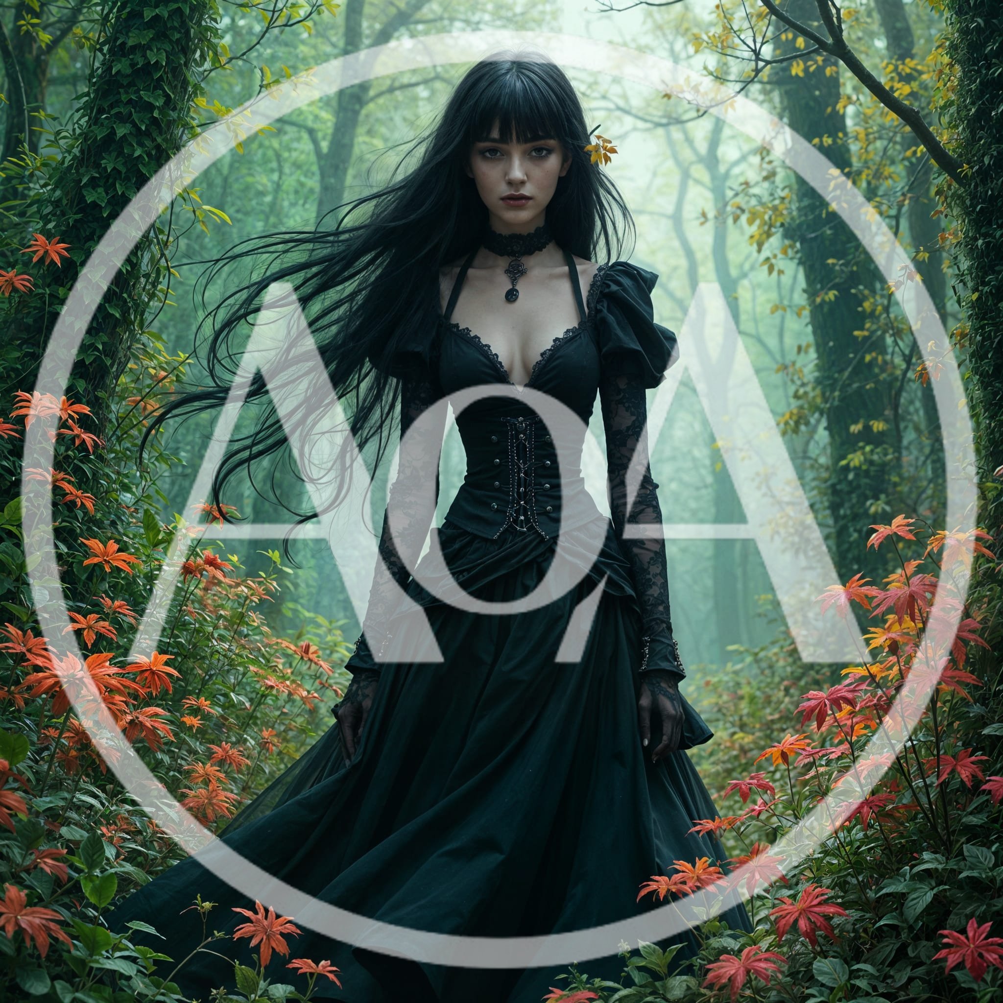 Gothic Woman Standing In A Misty Autumn Forest
