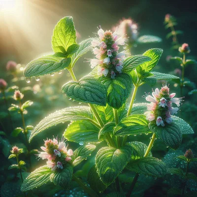 Dew Covered Mint Plant With Blooming Flowers