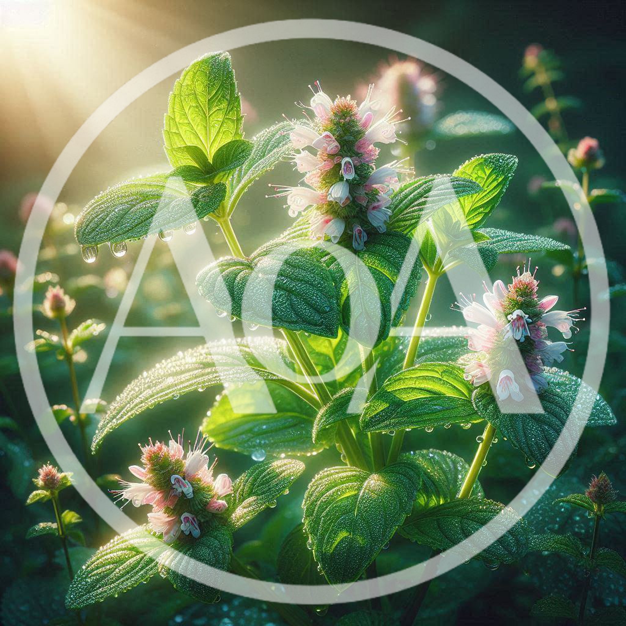 Dew Covered Mint Plant With Blooming Flowers