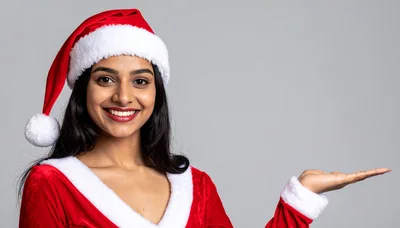 Young Woman Wearing Santa Costume Presenting With Hand