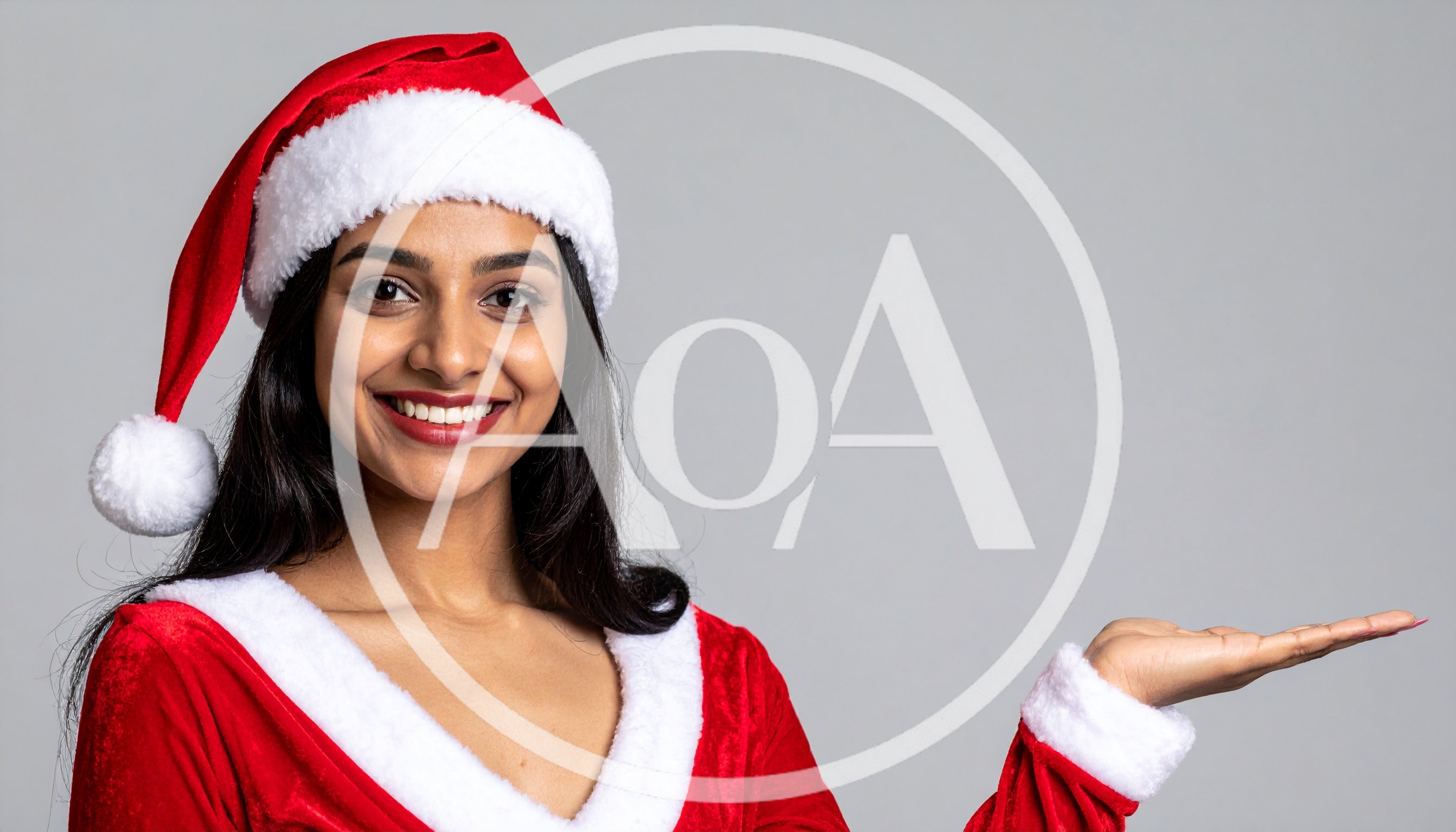 Young Woman Wearing Santa Costume Presenting With Hand