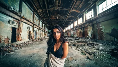 Young Woman Posing In An Abandoned Industrial Warehouse