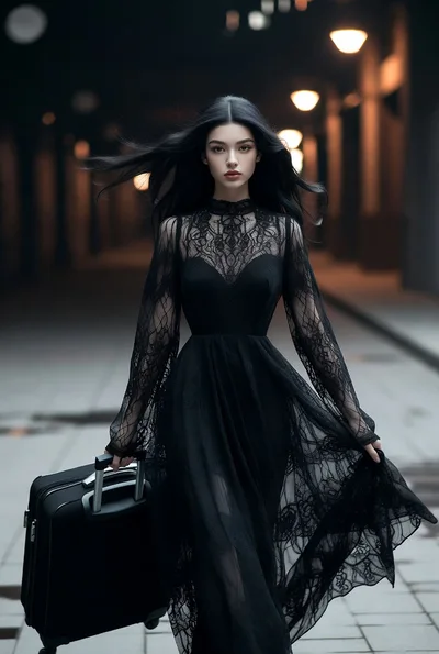 Elegant Woman Walking With Suitcase At Night