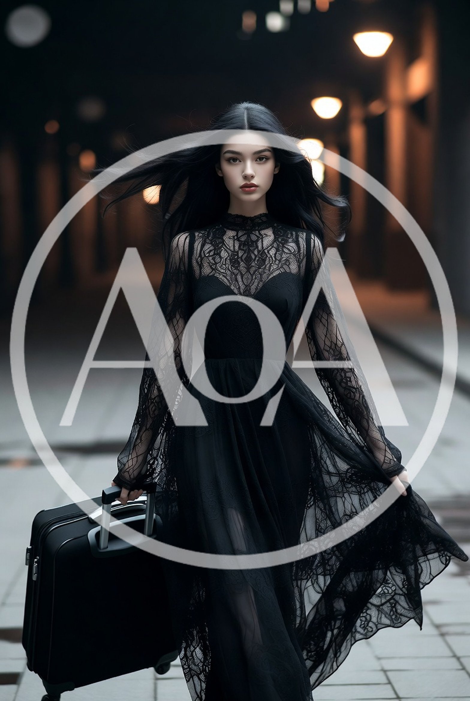 Elegant Woman Walking With Suitcase At Night