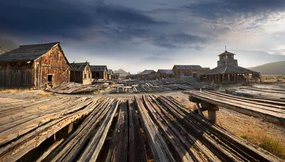 Abandoned Wooden Structures In A Desert Ghost Town