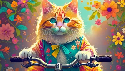 Cute Fluffy Cat Riding A Bicycle In A Garden