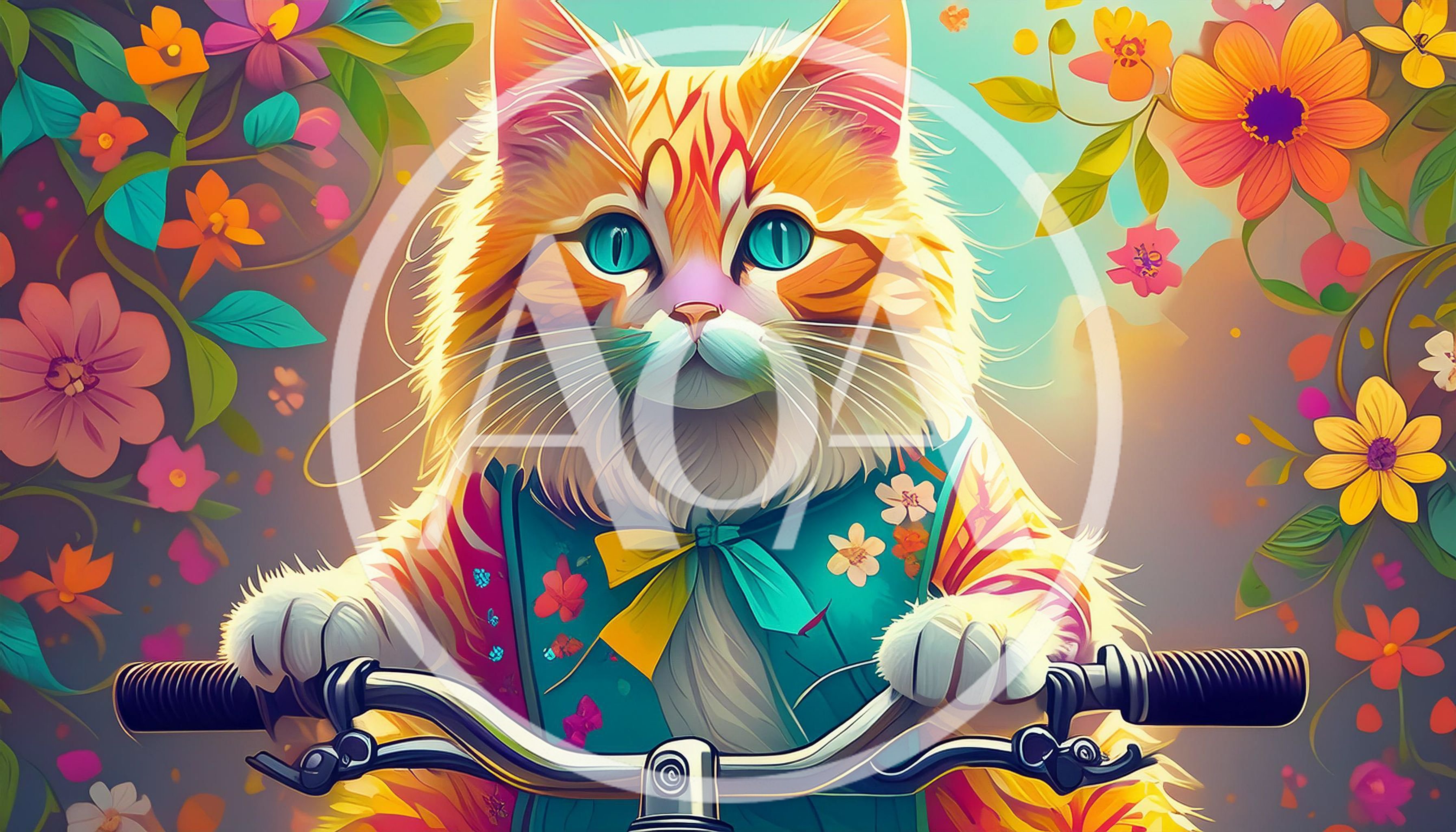 Cute Fluffy Cat Riding A Bicycle In A Garden