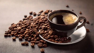 Cup Of Black Coffee With Roasted Coffee Beans