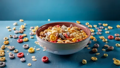 Bowl of Colorful Breakfast Cereal on Blue Surface