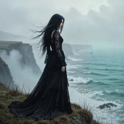 Gothic Woman Standing On A Misty Coastal Cliff