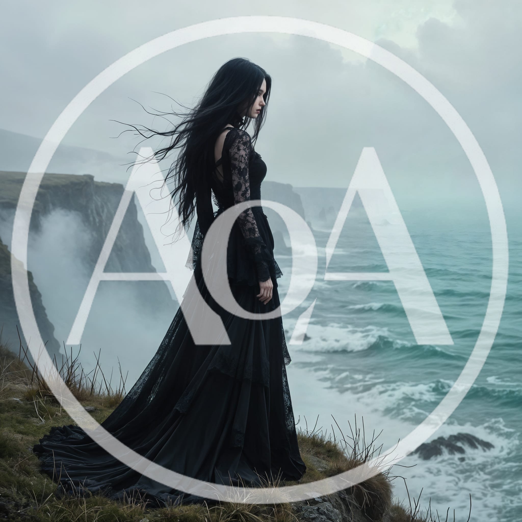 Gothic Woman Standing On A Misty Coastal Cliff