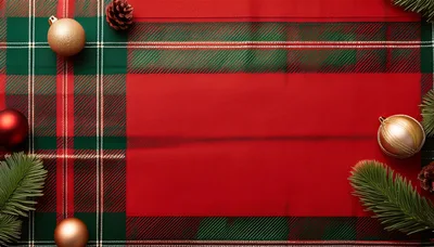 Christmas Ornaments and Pine Branches on Plaid Background