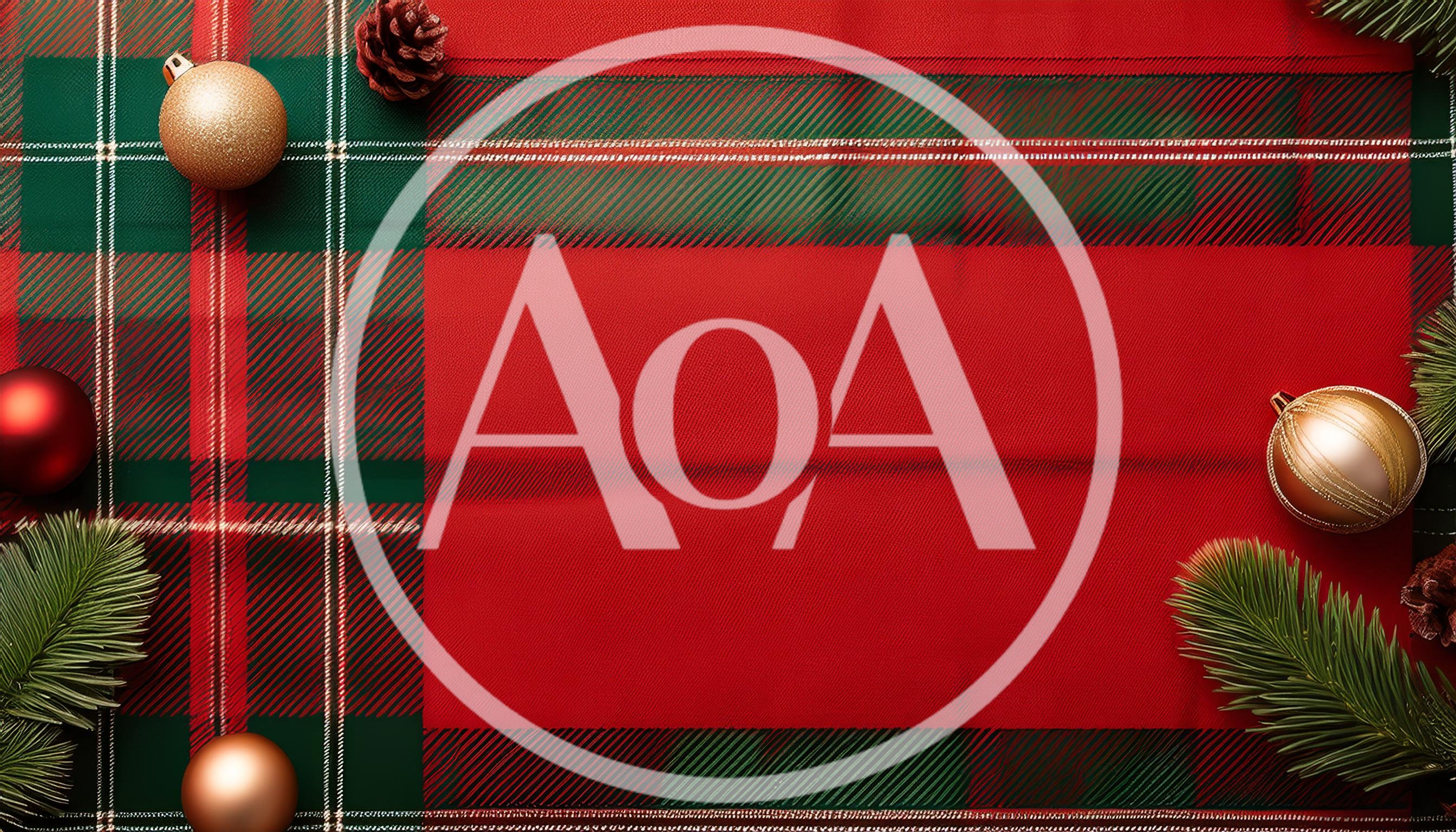 Christmas Ornaments and Pine Branches on Plaid Background