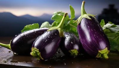 Fresh Purple Eggplants With Water Droplets