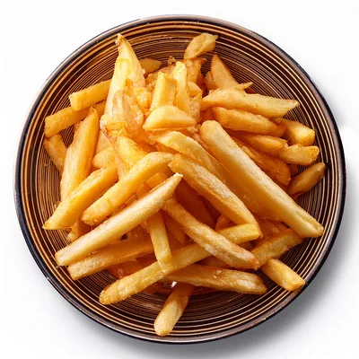 Top Down View Of Golden French Fries In Bowl