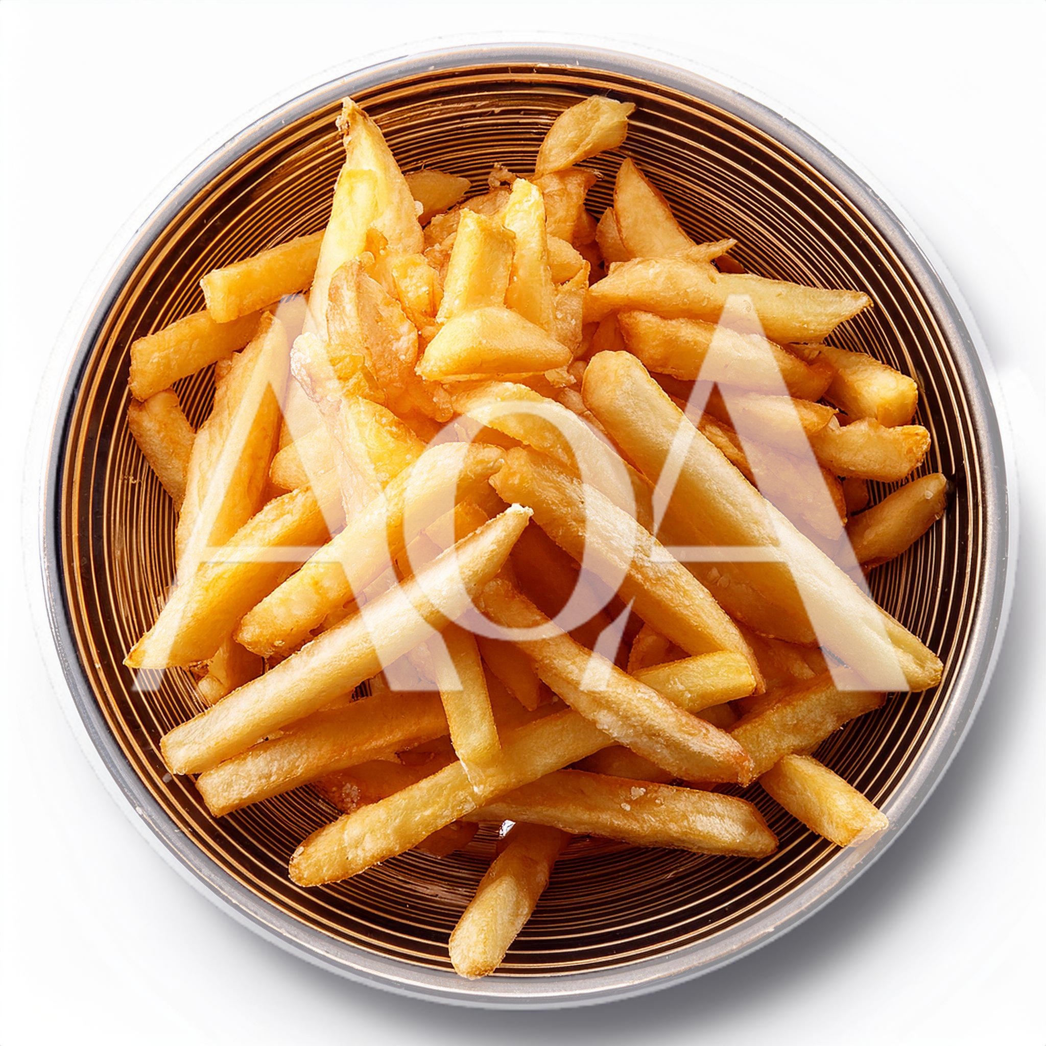 Top Down View Of Golden French Fries In Bowl