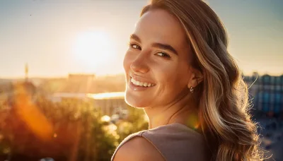Smiling Young Woman Looking Back Over Shoulder At Sunset