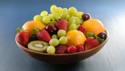 Fresh Assorted Fruits in a Wooden Bowl