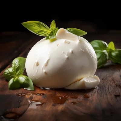 Fresh Mozzarella Ball With Basil Leaves On Wooden Board