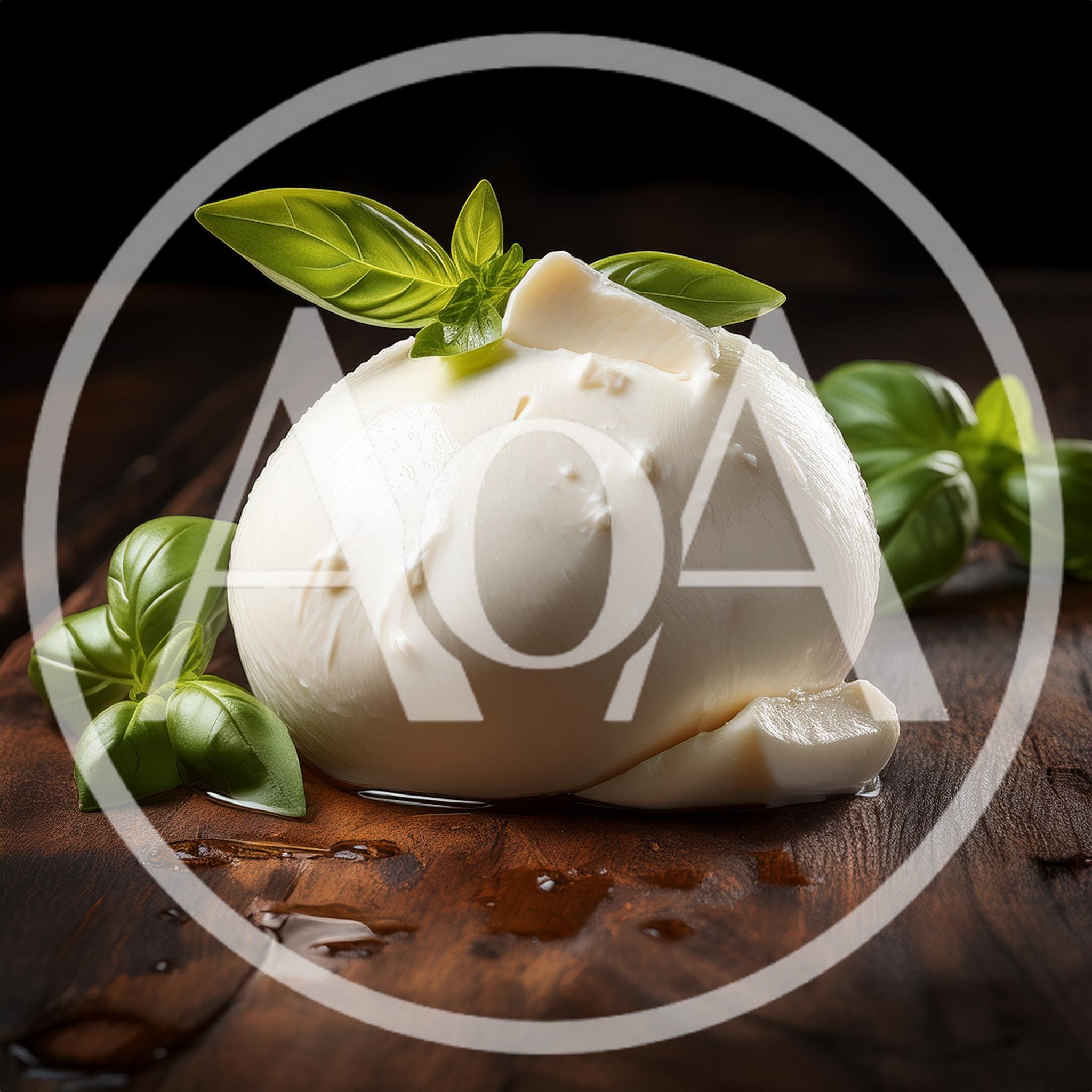 Fresh Mozzarella Ball With Basil Leaves On Wooden Board