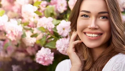 Smiling Young Woman Posing Near Blooming Pink Flowers