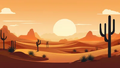 Desert Landscape With Cacti At Sunset