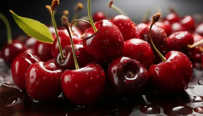 Fresh Red Cherries With Water Droplets