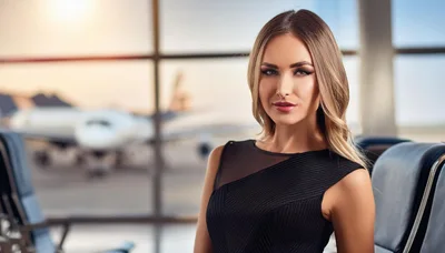 Elegant Businesswoman Sitting In Airport Departure Lounge