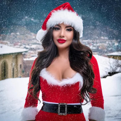 Beautiful Woman Wearing Santa Claus Costume In Snowy Setting