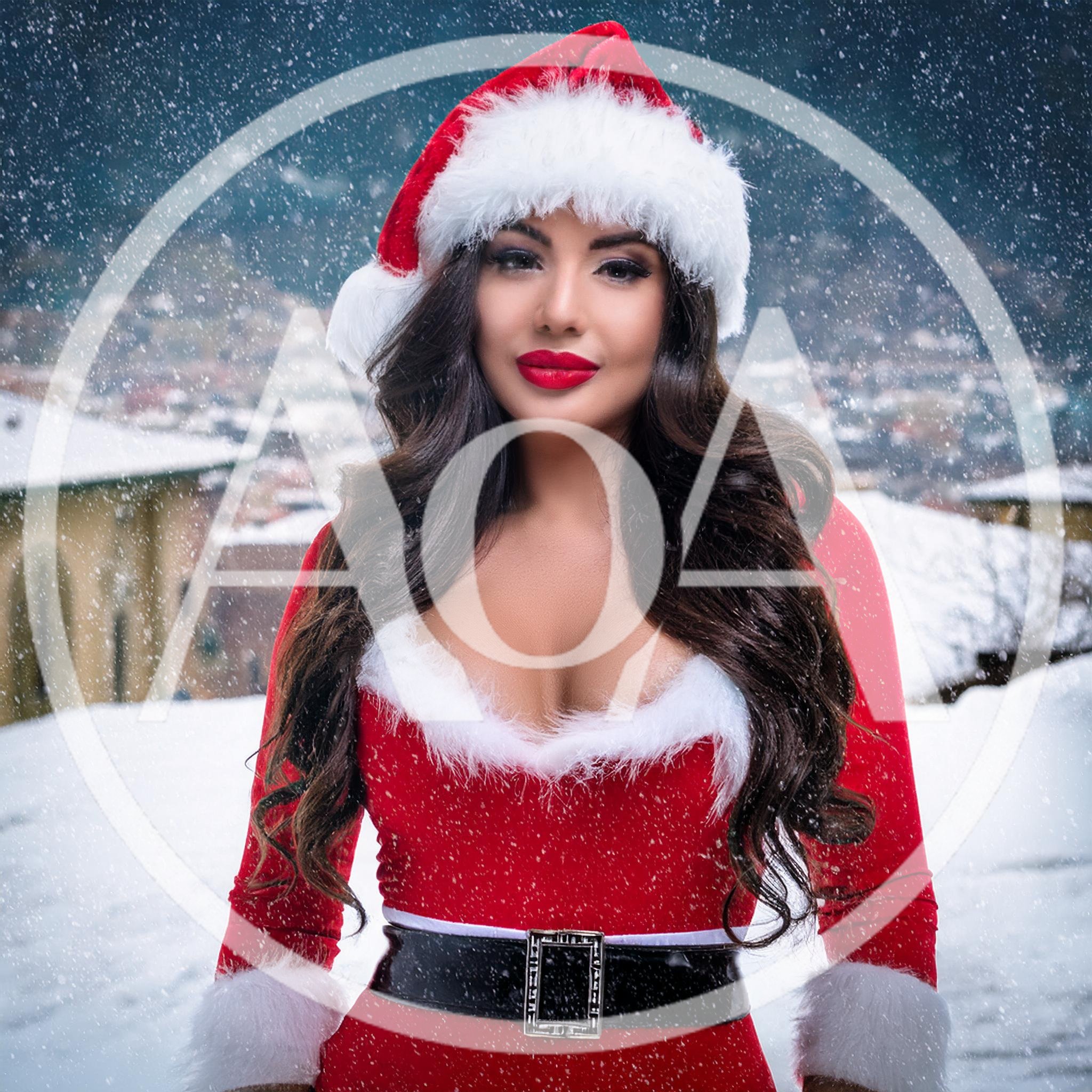 Beautiful Woman Wearing Santa Claus Costume In Snowy Setting