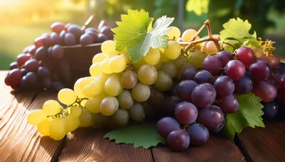 Fresh Green and Red Grapes on Wooden Table