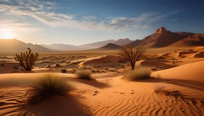 Desert Landscape With Sand Dunes And Mountains At Sunset