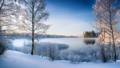 Frozen Winter Lake Landscape With Frost Covered Trees