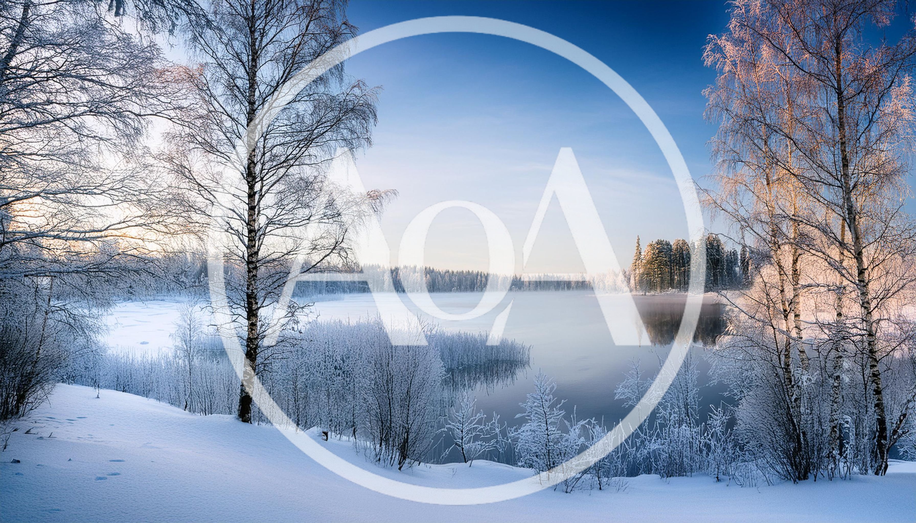 Frozen Winter Lake Landscape With Frost Covered Trees
