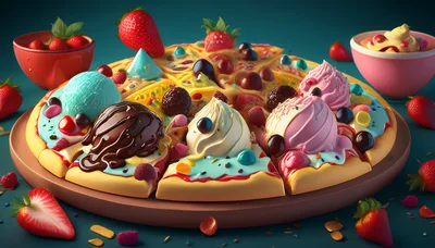 Dessert Pizza Topped With Ice Cream And Fresh Strawberries